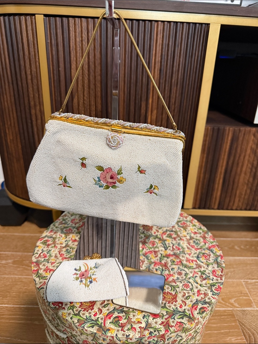 Vintage 1920s White Beaded Floral Handbag & Coin Purse with Gold Trim